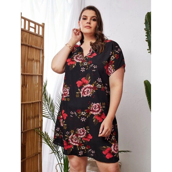 Black Tropical Floral Batwing Dolman Short Sleeves Shift Dress Size 3X - Picture 8 of 10